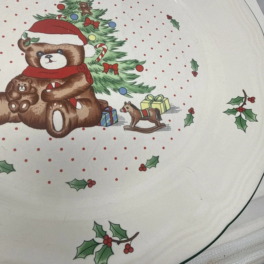 Vintage Christmas Tree Bear Teddy Plate Cup Set Stoneware 4 Dinner 4 Salad 3 Cup